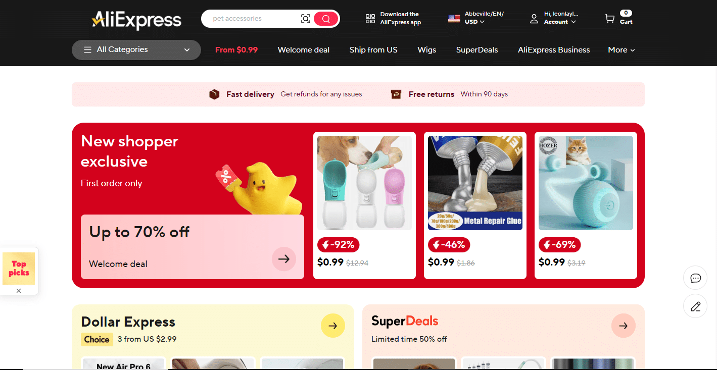 Image of AliExpress homepage. One of the best websites where you can find tons of products for your shopify dropshipping store