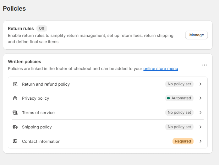 Image of store policies page in Shopify