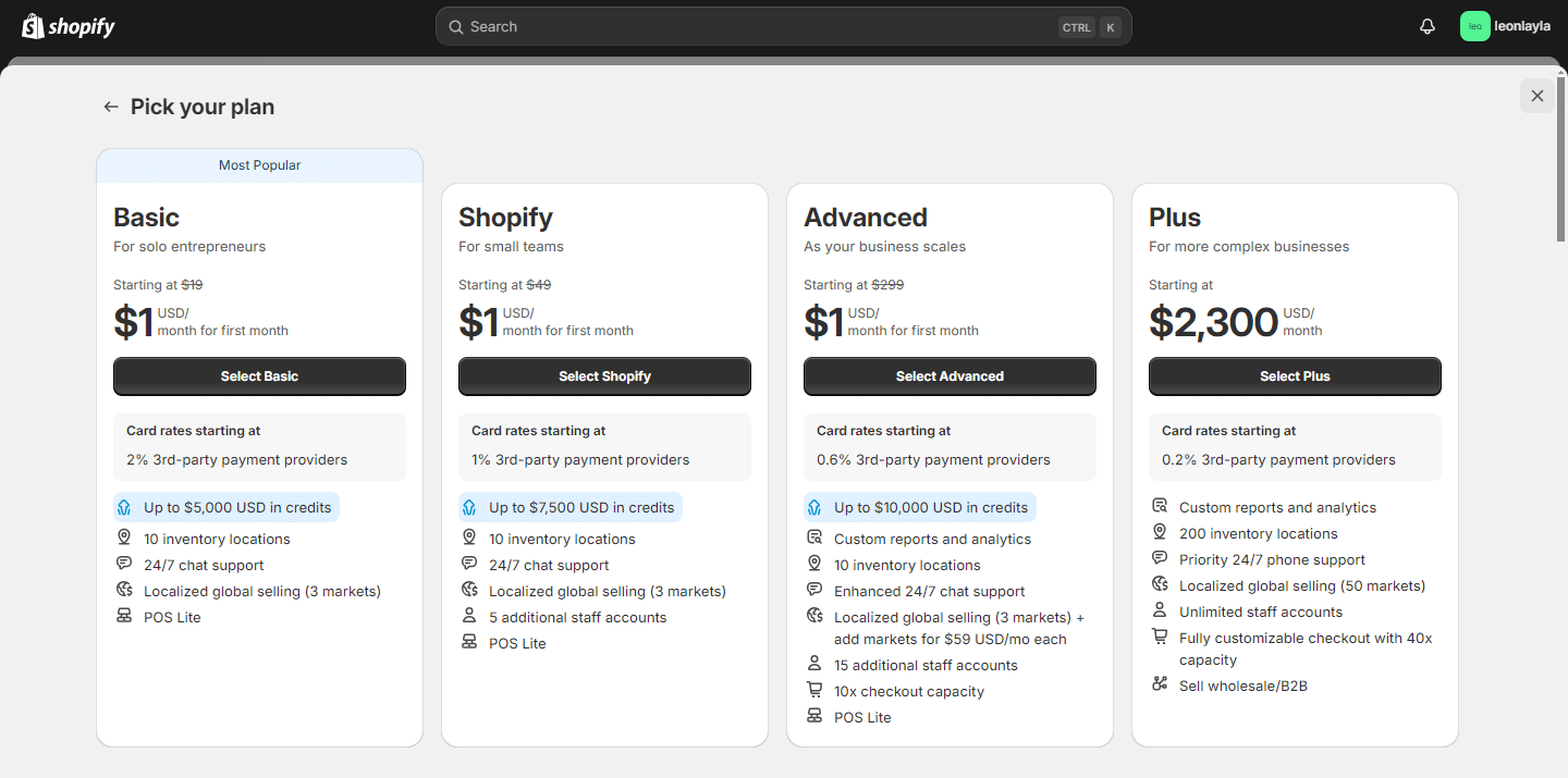 Image of shopify pricing page. It has 4 plans starting from Basic (best for beginners) to Plus (best suited for large businesses)