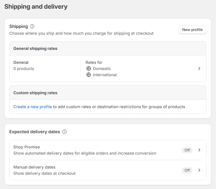 Image of Shipping and Delivery page in Shopify.