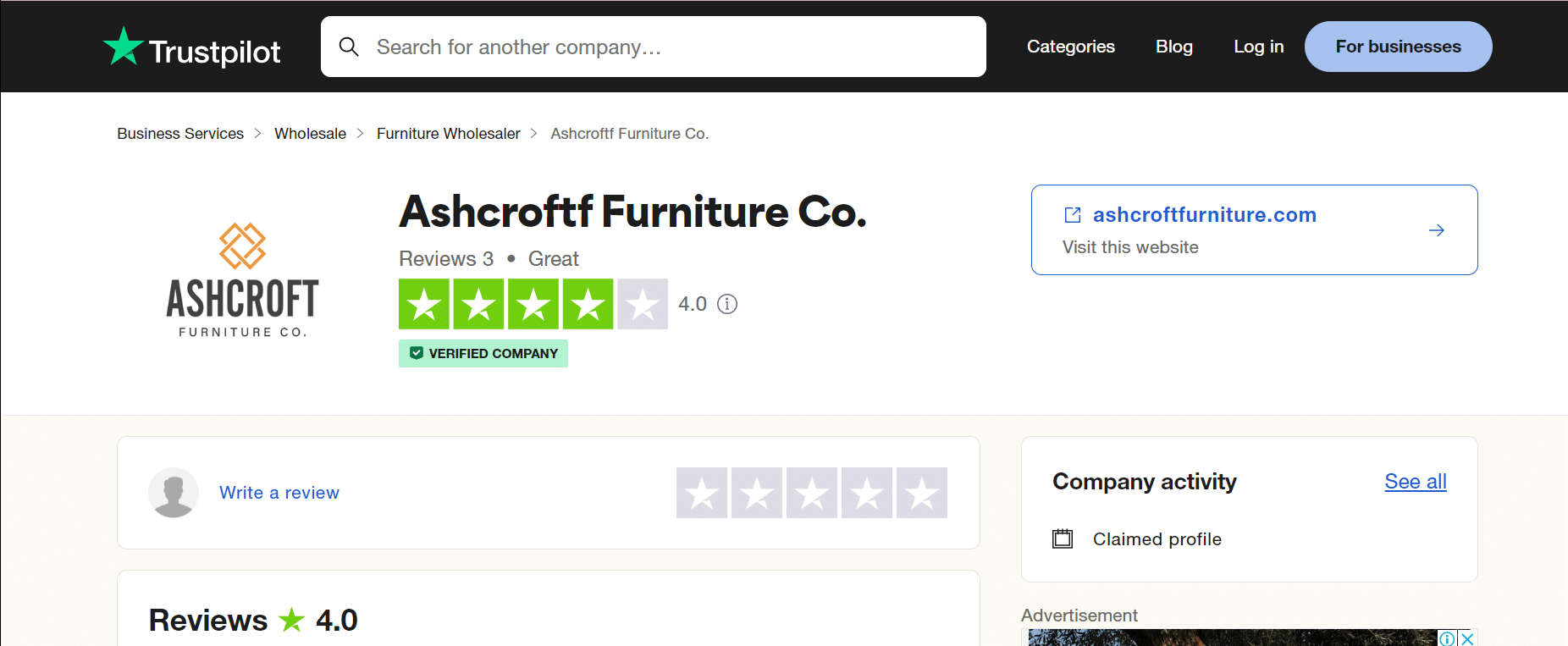 Screenshot of Ashcroft review page on Truspilot