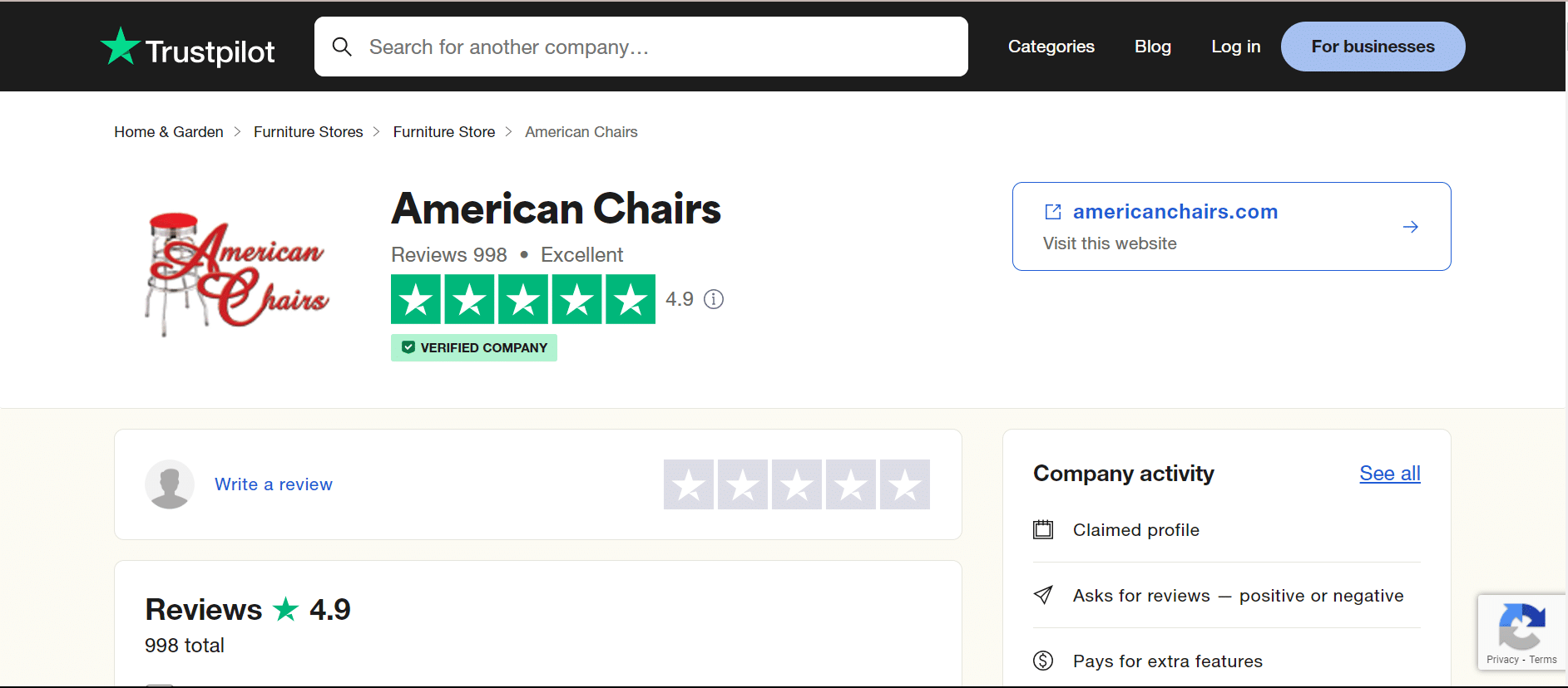 Screenshot of American Chairs on Trustpilot