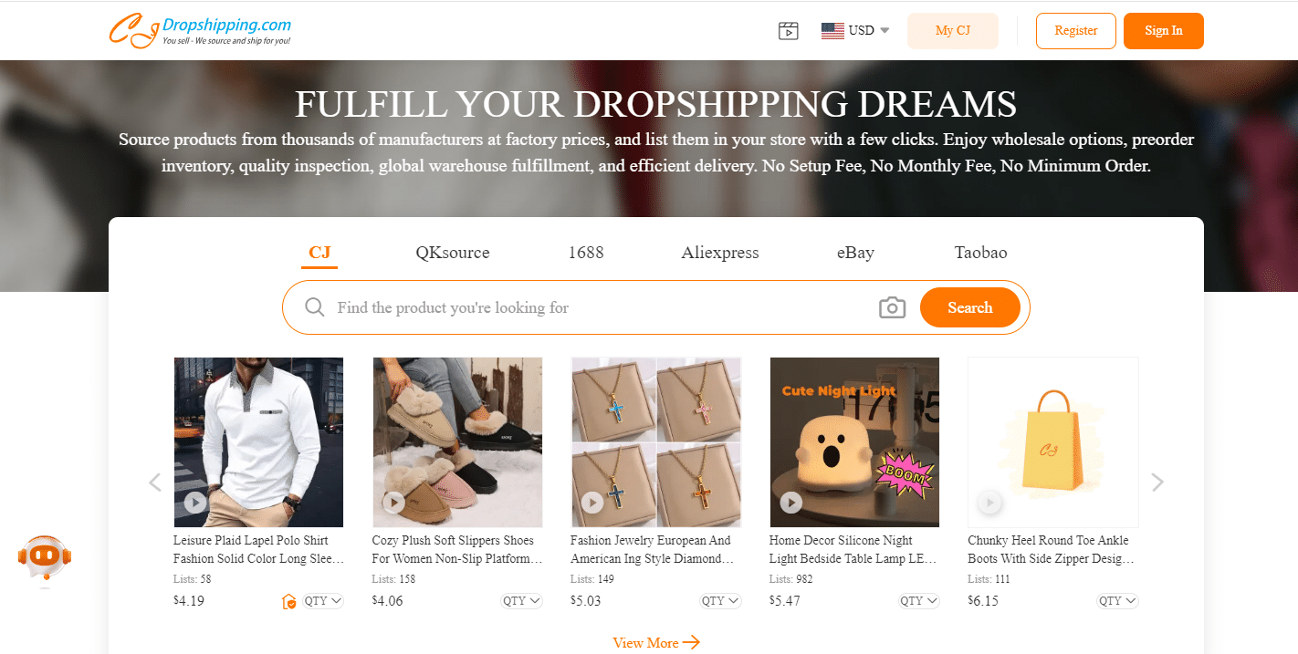 Image of CJdropshipping homepage where you can find tons of products to sell for your Shopify dropshipping store