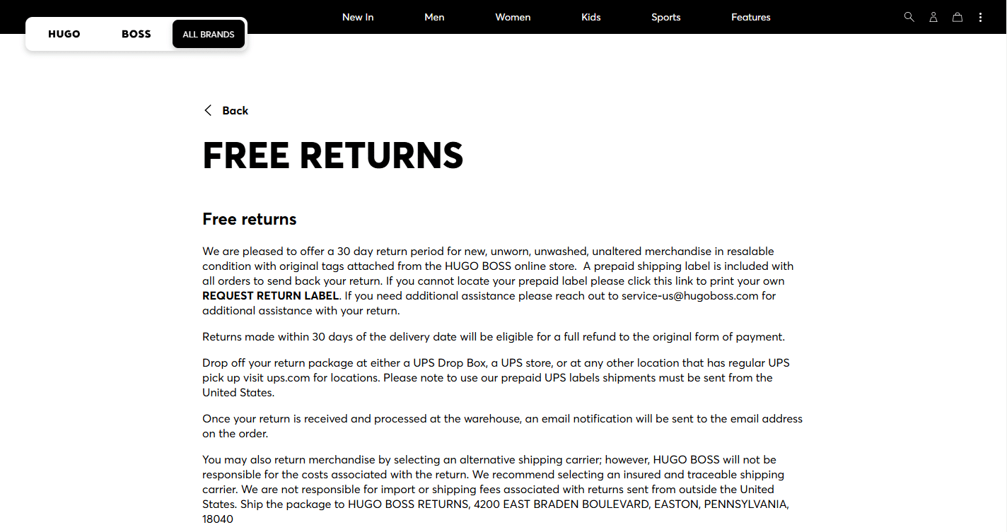 Hugo Boss free return policy